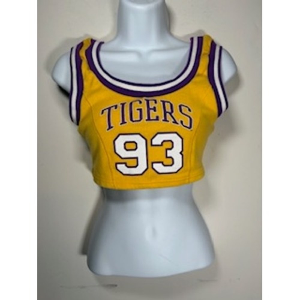Goodie Two Sleeves LSU Tigers 93 Crop Top Small Yellow Purple Jersey Tank Sporty